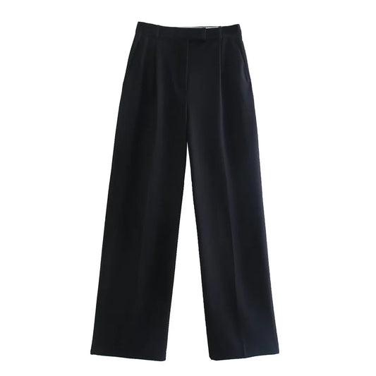 Black classic fit trousers by Noir by Lina featuring clean front pleats, belt loops, and a structured silhouette